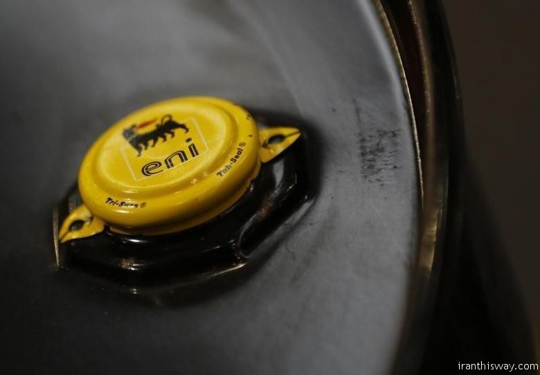The logo of oil company Eni-Saipem is pictured on a barrel in Rome, Italy, March 5 2016.    REUTERS/Alessandro Bianchi